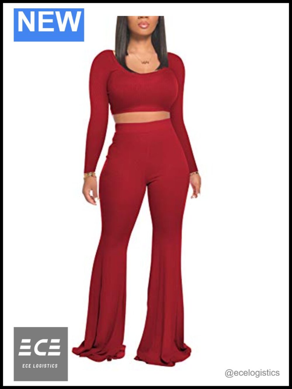 Women's Two Piece Crop Top & Flared Long Pants Sweatsuit Set Ribbed Fitted